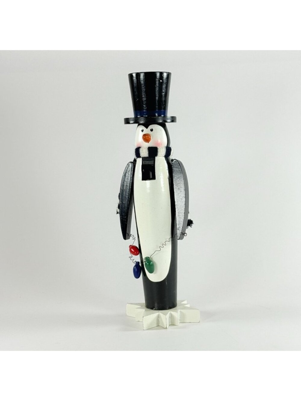 Wood Penguin Christmas Nutcracker 15" Yellow Feet Top Hat With Christmas Lights